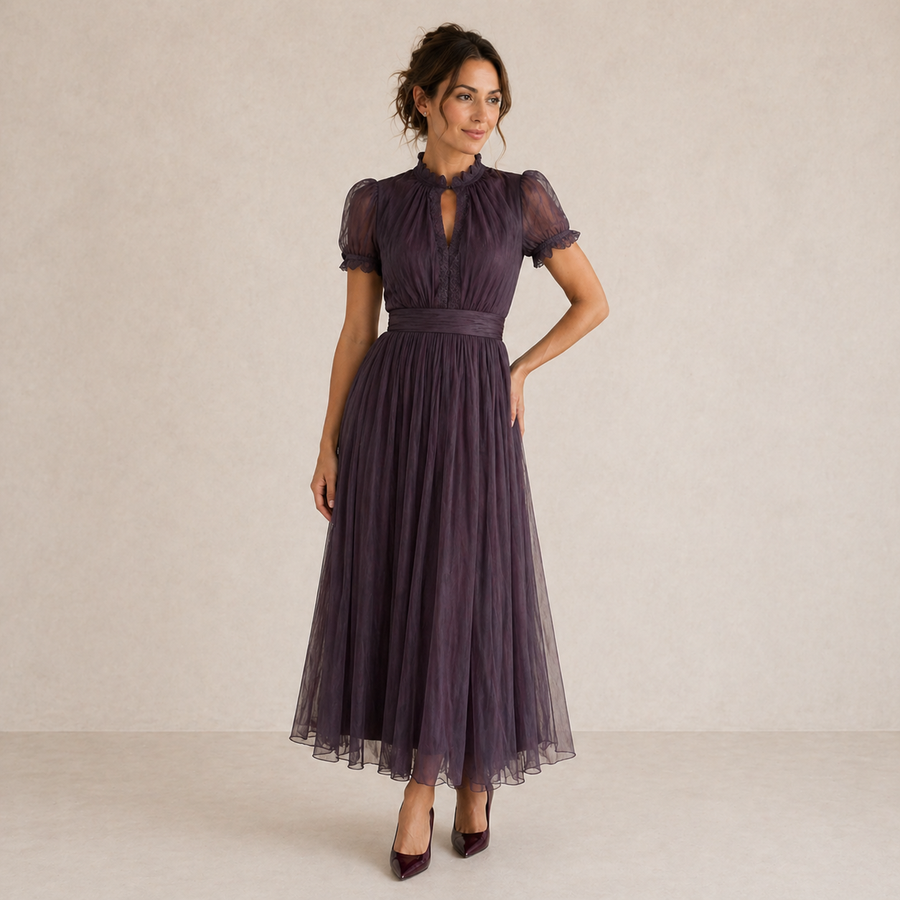 Alba | Vestido Midi Plissado com Mangas Balão