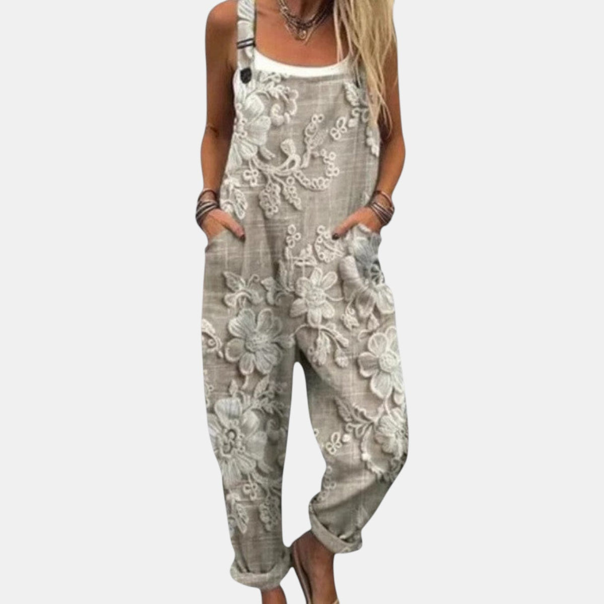 Clara - Calça Jardineira Estampada Confortável