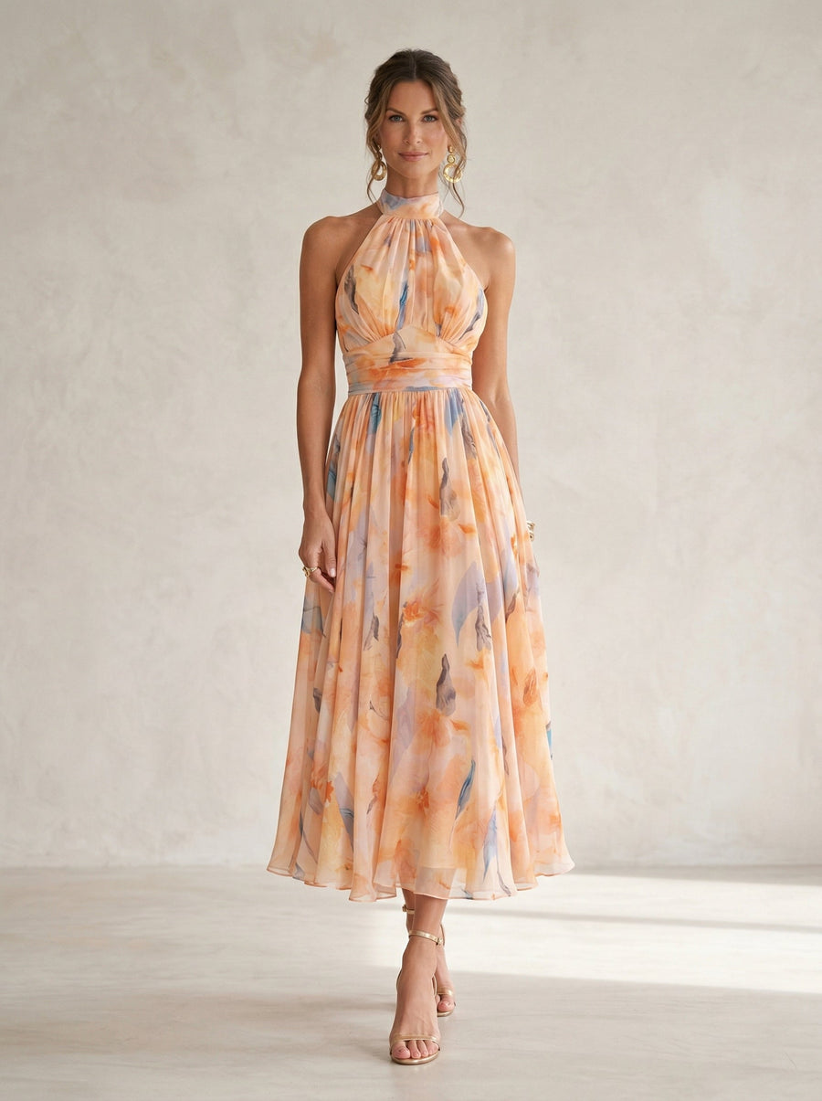 Vestido de Gola Halter com Estampado de Aquarela