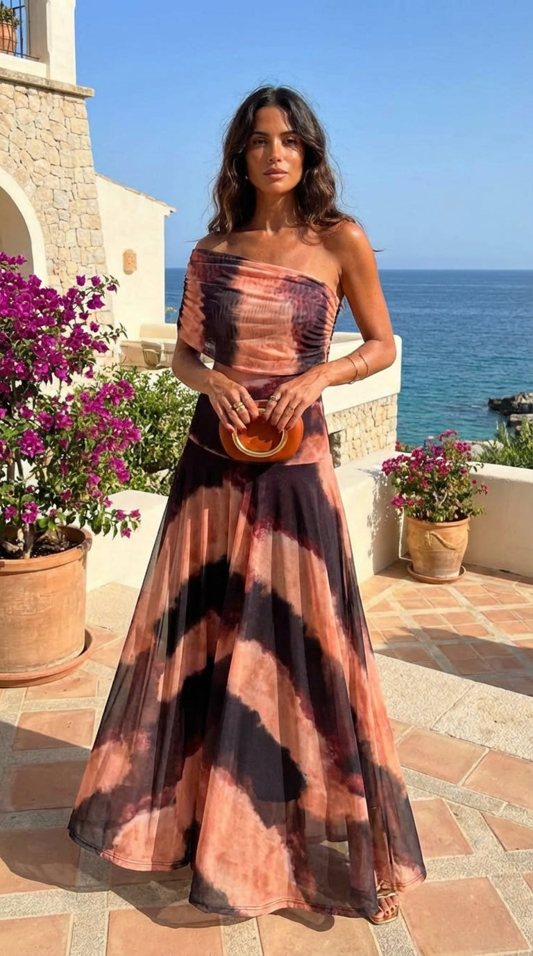 Vestido com Estampado Laranja e Castanho
