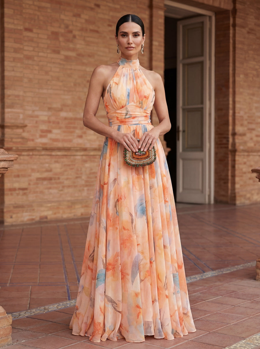 Vestido de Gola Halter com Estampado de Aquarela