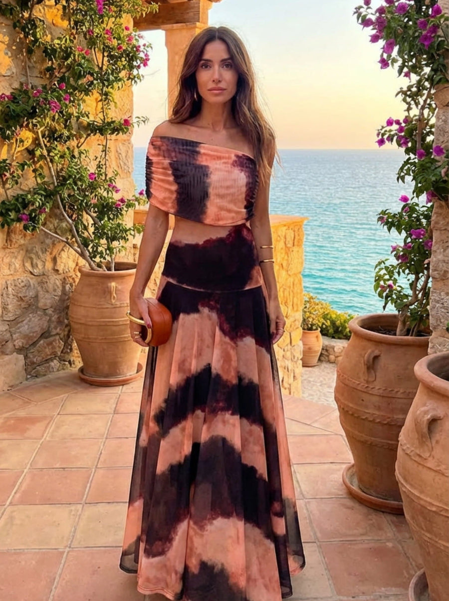 Vestido com Estampado Laranja e Castanho