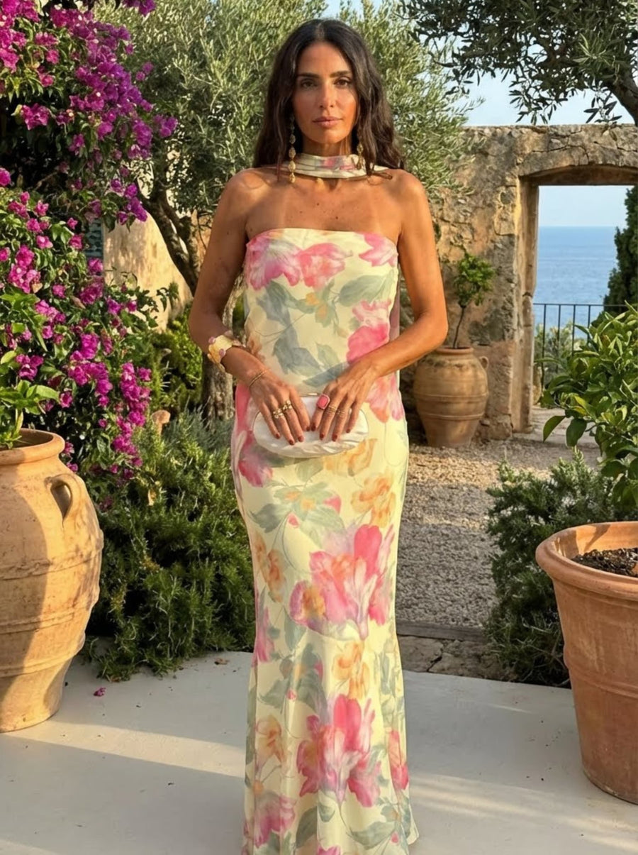 Vestido Longo Strapless Floral Aquarela