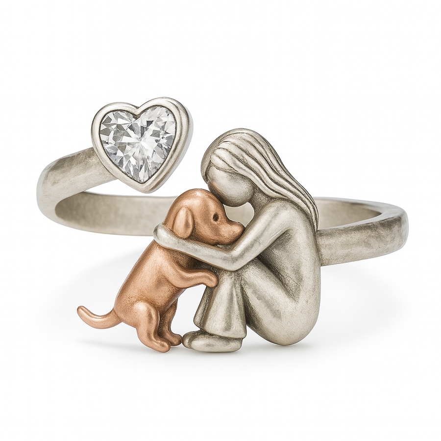Bague Chien Faite Main en Argent Sterling 925 avec Zirconium Cœur – Taille Ajustable