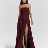 Vestido longo tomara que caia com abertura