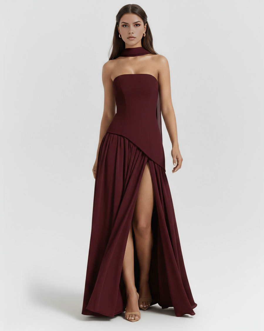 Vestido longo tomara que caia com abertura