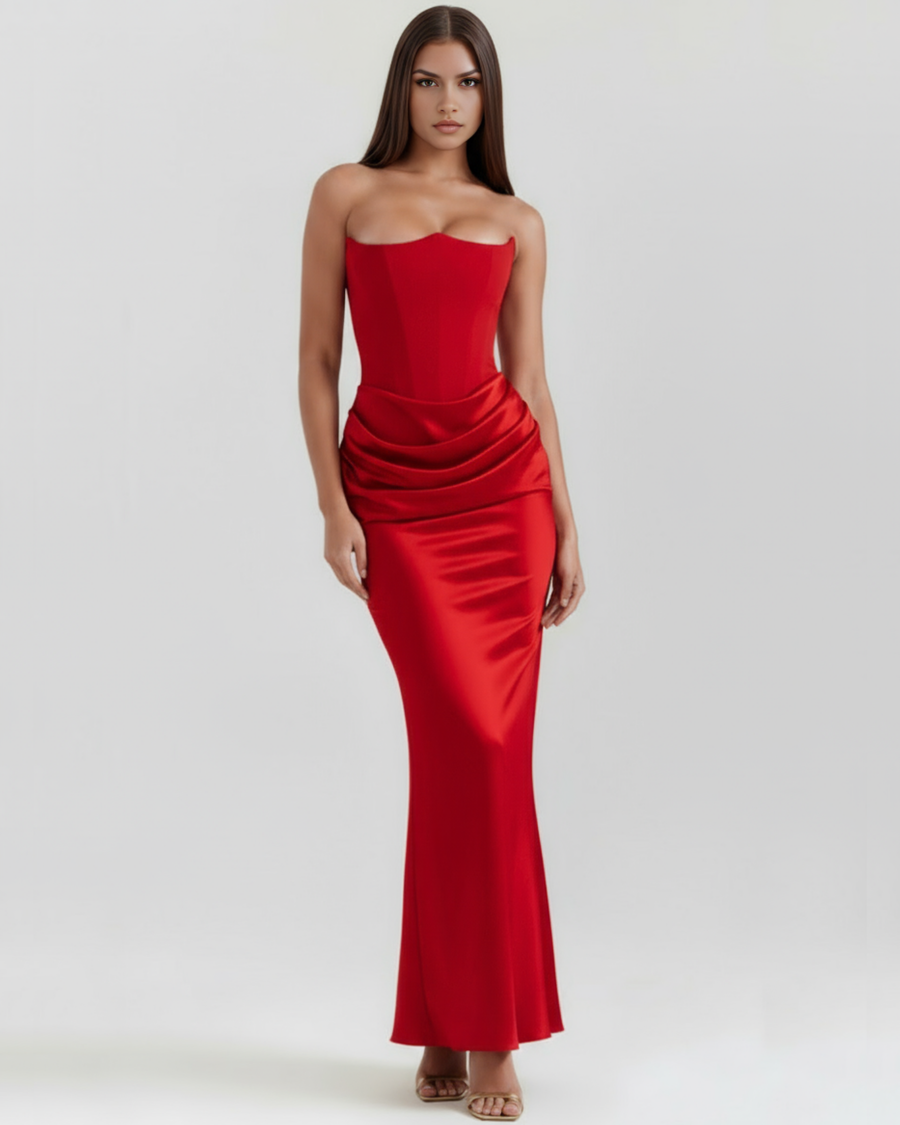 Vestido longo acetinado com decote tomara que caia