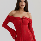 Vestido longo de renda com decote bardot