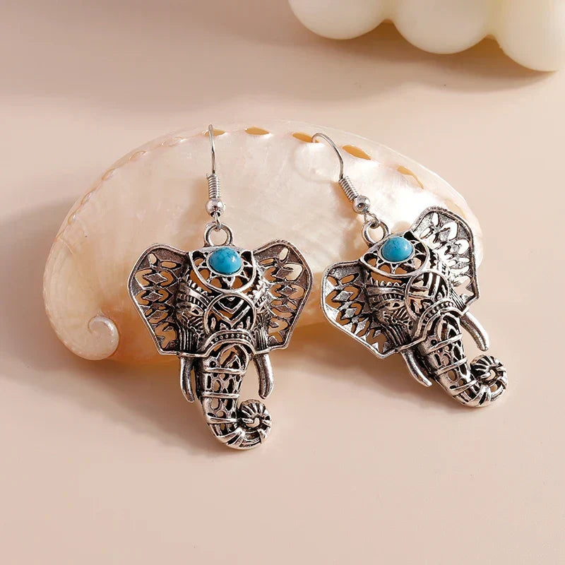 Boucles d'oreilles pendantes éléphant vintage argent style bohème
