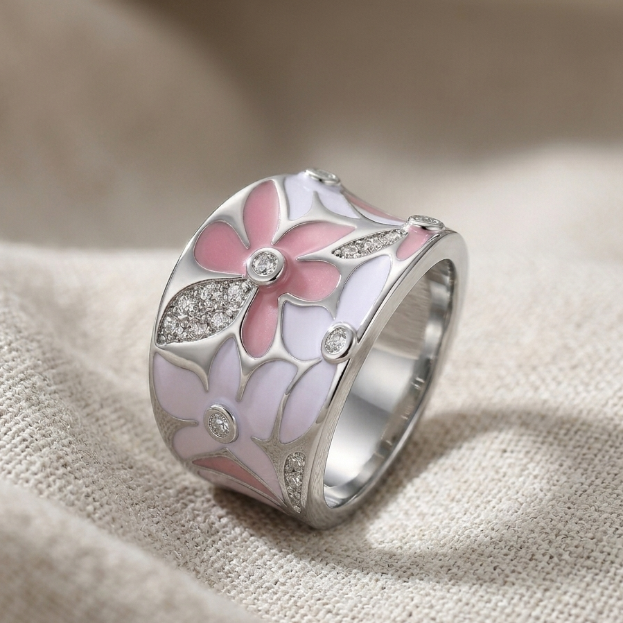 Anel Flor Rosa em Ouro Branco