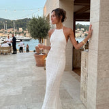 Vestido longo halter com textura plissada