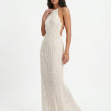 Vestido longo halter com textura plissada