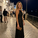 Vestido longo halter com textura plissada
