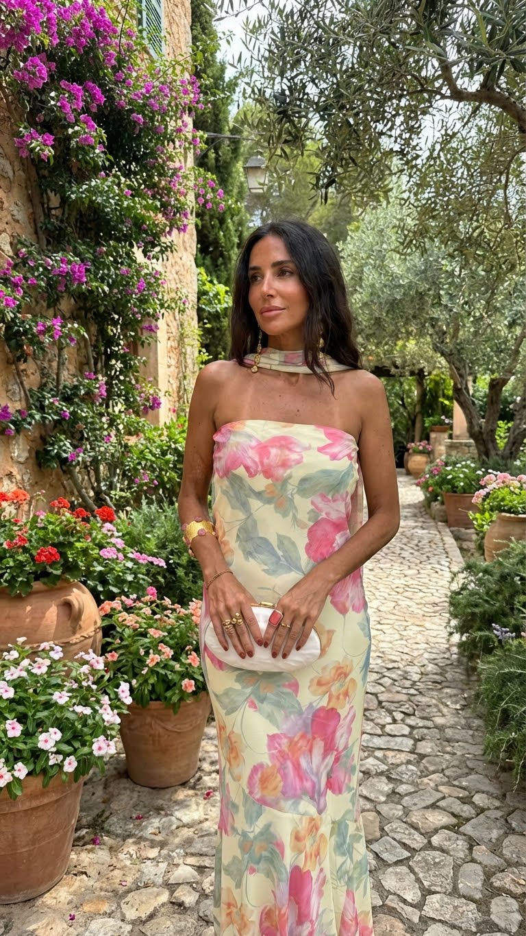 Vestido Longo Strapless Floral Aquarela