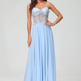 Carolina | Vestido comprido em chiffon transparente evasê com aplicações