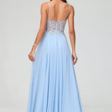 Carolina | Vestido comprido em chiffon transparente evasê com aplicações