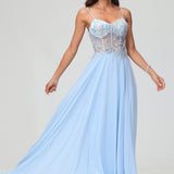 Carolina | Vestido comprido em chiffon transparente evasê com aplicações