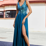Brígida | Vestido comprido em chiffon com renda aplicada e saia até ao chão