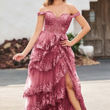 Palmira | Vestido em tule com folhos com ombros descobertos