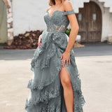 Palmira | Vestido em tule com folhos com ombros descobertos