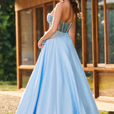 Bruna | Vestido comprido em cetim evasê com top em lantejoulas e decote coração