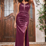 Guiomar | Vestido de noite com alças finas e strass e racha
