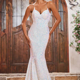 Nádia | Vestido de noiva sereia com cauda e lantejoulas e alças finas