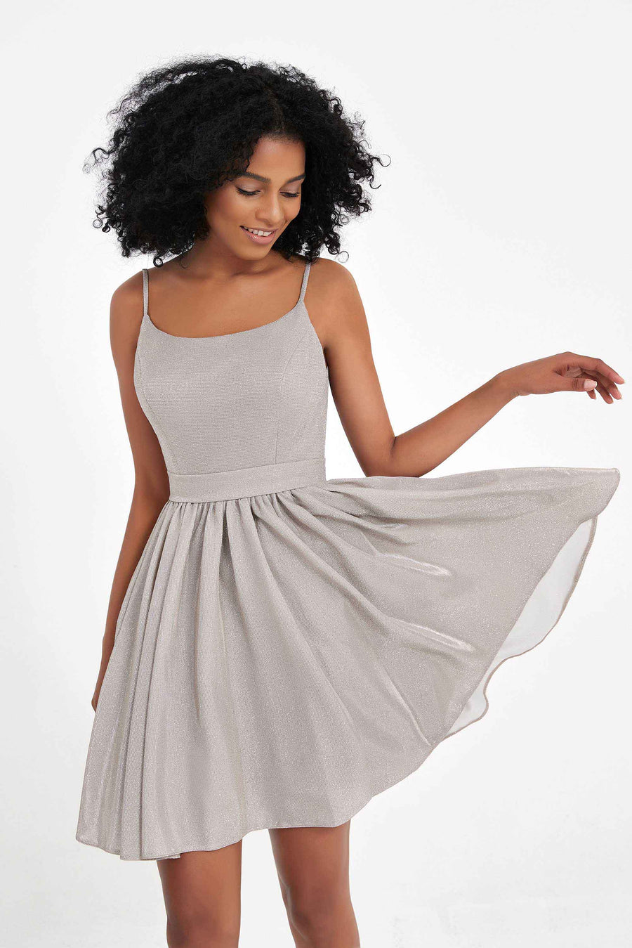 Elsa | Vestido curto brilhante prateado com alças