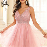 Sofia | Vestido curto em tule transparente com decote em V