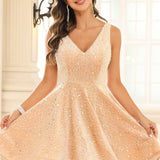 Dora | Vestido curto com lantejoulas evasê sem mangas com decote em V