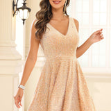 Dora | Vestido curto com lantejoulas evasê sem mangas com decote em V