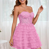 Diana | Vestido curto em camadas em tule evasê com aplicações