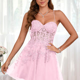 Marlene | Vestido com top estilo corset transparente decote coração e aplicações
