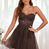 Marlene | Vestido com top estilo corset transparente decote coração e aplicações