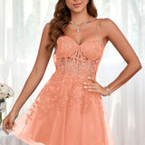 Marlene | Vestido com top estilo corset transparente decote coração e aplicações