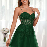 Marlene | Vestido com top estilo corset transparente decote coração e aplicações