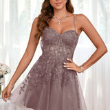 Marlene | Vestido com top estilo corset transparente decote coração e aplicações