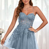 Marlene | Vestido com top estilo corset transparente decote coração e aplicações