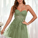 Marlene | Vestido com top estilo corset transparente decote coração e aplicações