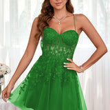 Marlene | Vestido com top estilo corset transparente decote coração e aplicações