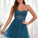 Marlene | Vestido com top estilo corset transparente decote coração e aplicações