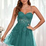 Marlene | Vestido com top estilo corset transparente decote coração e aplicações