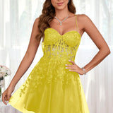 Marlene | Vestido com top estilo corset transparente decote coração e aplicações