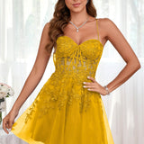 Marlene | Vestido com top estilo corset transparente decote coração e aplicações