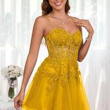 Marlene | Vestido com top estilo corset transparente decote coração e aplicações
