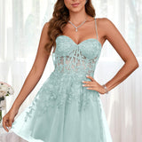 Marlene | Vestido com top estilo corset transparente decote coração e aplicações