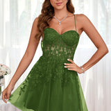 Marlene | Vestido com top estilo corset transparente decote coração e aplicações
