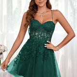 Marlene | Vestido com top estilo corset transparente decote coração e aplicações