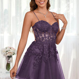 Marlene | Vestido com top estilo corset transparente decote coração e aplicações