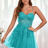 Marlene | Vestido com top estilo corset transparente decote coração e aplicações
